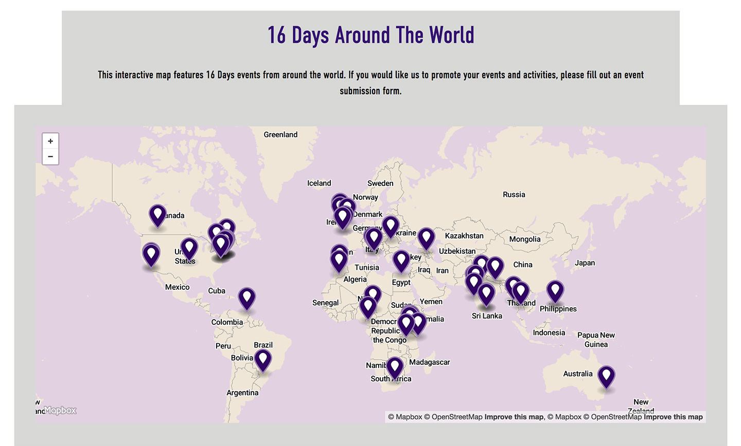 Center for Women’s Global Leadership at Rutger’s University: 16 Days Campaign: Dynamic Interactive Map