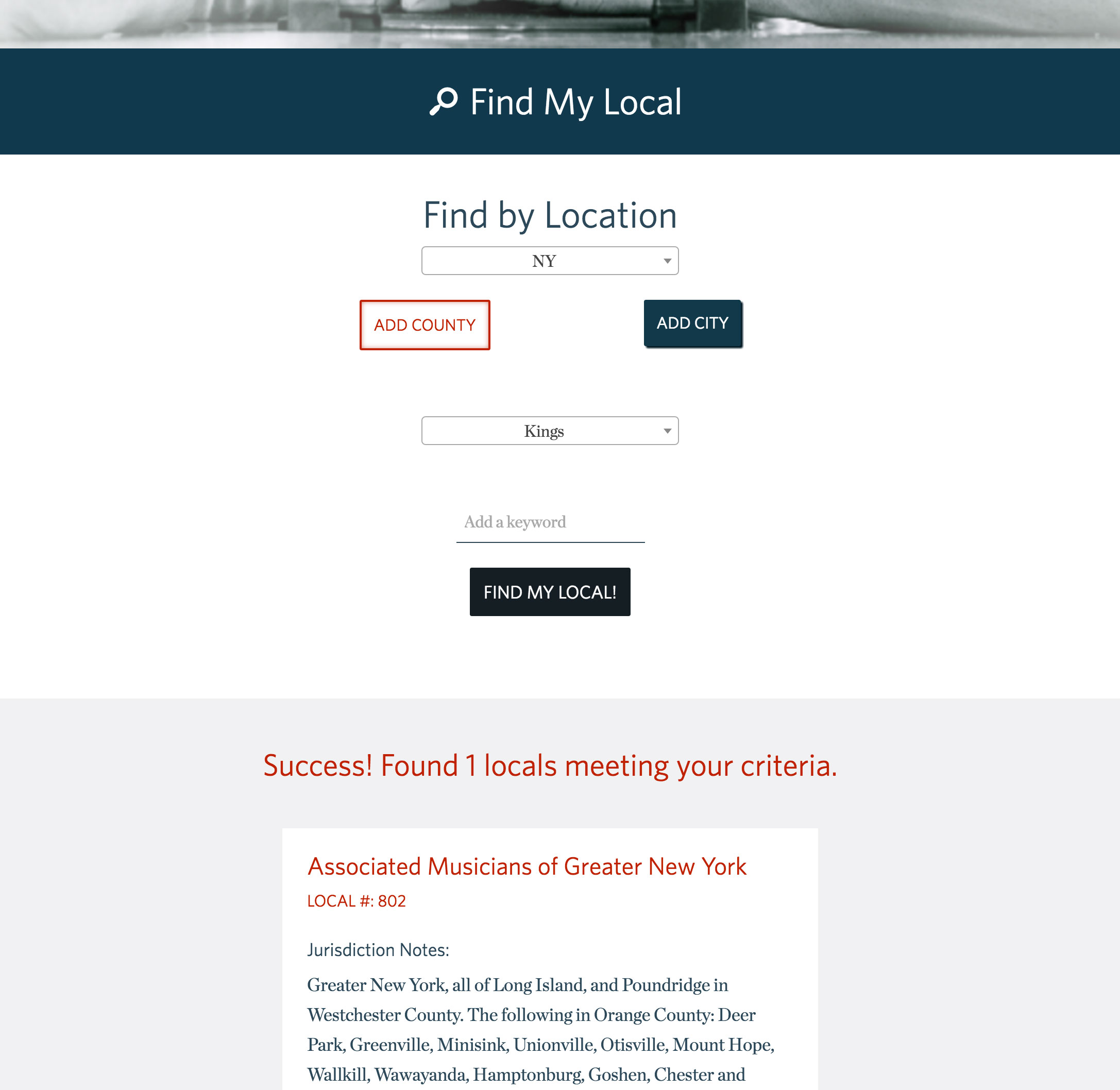American Federation of Musicians (AFM): Find My Local Advanced Search