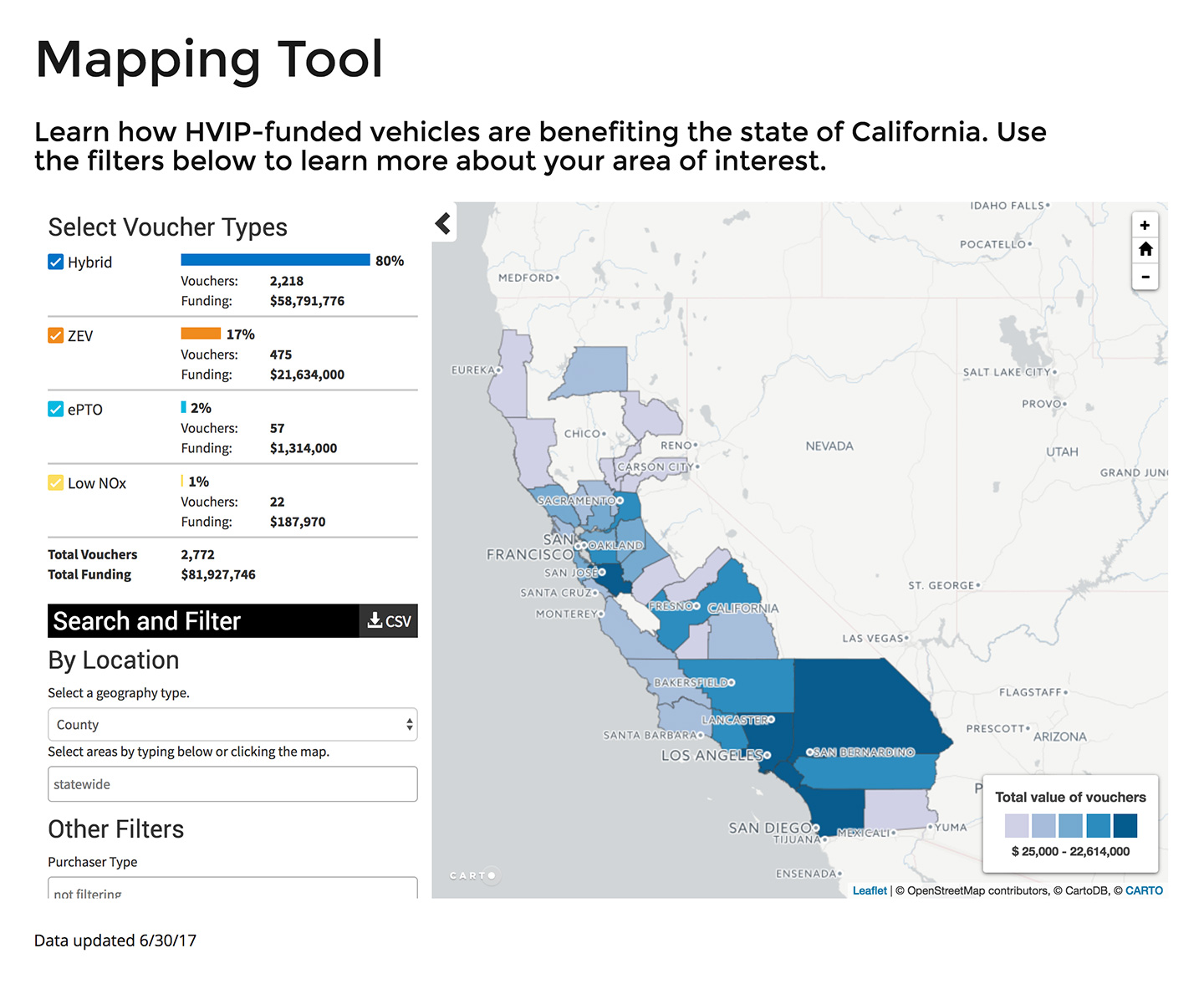 California Hybrid and Zero-Emission Truck and Bus Voucher Incentive Project: CalHVIP Mapping Tool by Green Info Network